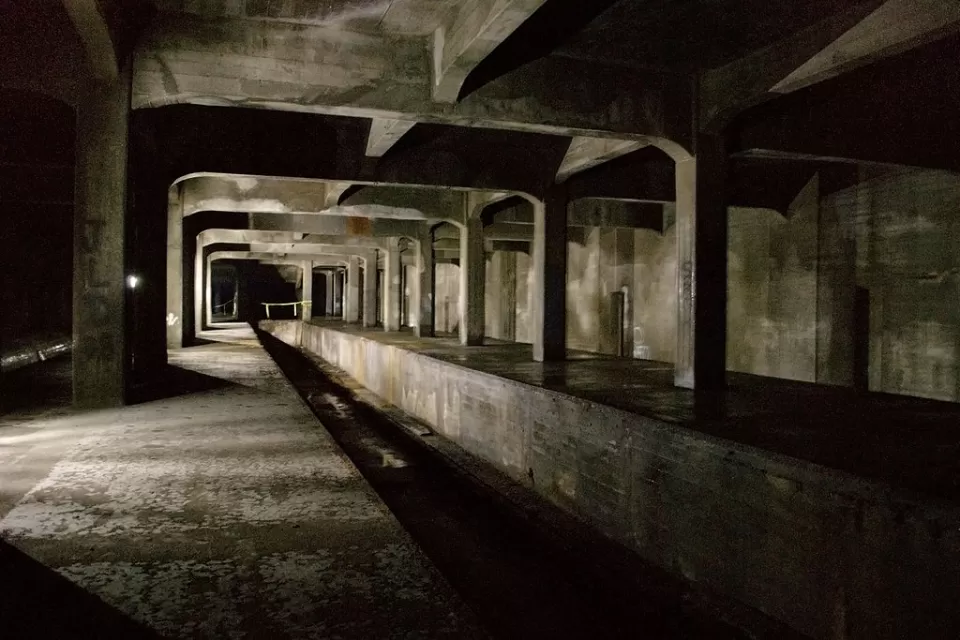 Abandoned concrete subway station and tunnel in downtown Cincinnati..
